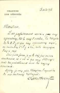1861 - 1936. Homme politique, diplomate et sociologue. Lettre autographe signée.. BENOIST Charles