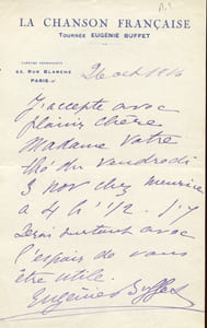 1866 - 1934. Cantatrice. Après des débuts de misère, elle devint célèbre et de renommée mondiale grâce à ses longues tournées en Amérique et en France. Elle eut une attitude très patriotique pendant la guerre. Lettre autographe signée.