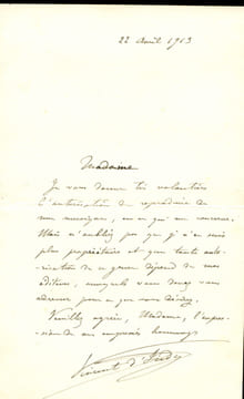 1851 - 1931. Compositeur. Un des fondateurs de la Schola Cantorum (1896). Lettre autographe signée.. INDY Vincent d’