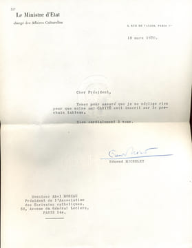 Ministre. Lettre autographe signée.. MICHELET Edmond