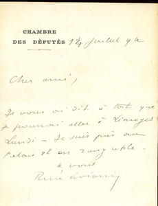 1863 - 1925.Homme politique, ministre puis Président du Conseil. Billet autographe signé.
