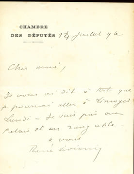 1863 - 1925.Homme politique, ministre puis Président du Conseil. Billet autographe signé.. VIVIANI René