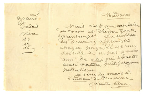1836 - 1936. femme de lettres, elle tint un salon célèbre, haut lieu de l’antidreyfusisme. Lettre autographe signée datée 10 août 1918.