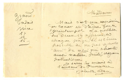 1836 - 1936. femme de lettres, elle tint un salon célèbre, haut lieu de l’antidreyfusisme. Lettre autographe signée datée 10 août 1918.