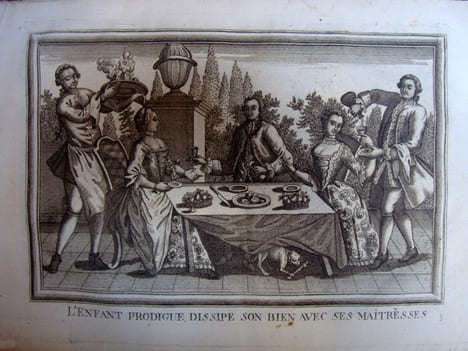Suite rarissime de 6 planches : L’enfant prodigue demande sa légitime à son père; L’enfant prodigue quitte la maison de son père; L’enfant prodigue ...