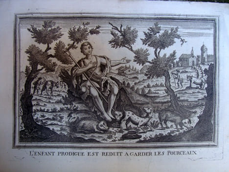 Suite rarissime de 6 planches : L’enfant prodigue demande sa légitime à son père; L’enfant prodigue quitte la maison de son père; L’enfant prodigue ...