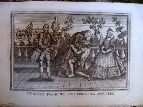 Suite rarissime de 6 planches : L’enfant prodigue demande sa légitime à son père; L’enfant prodigue quitte la maison de son père; L’enfant prodigue ...