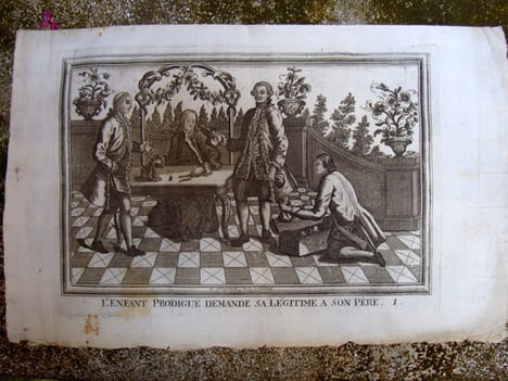 Suite rarissime de 6 planches : L’enfant prodigue demande sa légitime à son père; L’enfant prodigue quitte la maison de son père; L’enfant prodigue ...