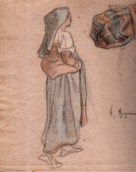 &Eacute;tude de femme avec d&eacute;tails de la main et d'un baluchon.. REYNAUD Fran&ccedil;ois (1825-1909)