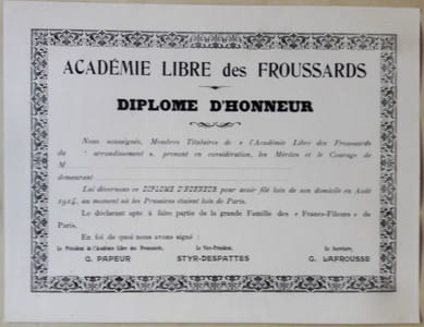 Diplôme d'honneur. Académie libre des Froussards. 