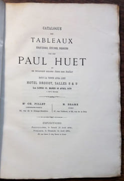Catalogue des tableaux, esquisses, études , dessins de Paul Huet et se trouvant encore dans son Atelier dont la vente aura lieu Hôtel Drouot, Salles 8 ...