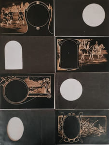 Bel ensemble de 15 maquettes de modèles de cartes postales sur papier noir  illustrées avec pour chacune la découpe permettant d'insérer la photo personnalisée.
