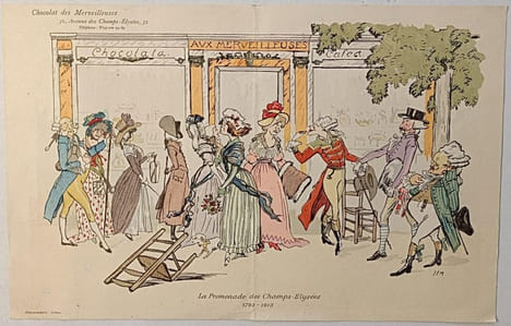La promenade des Champs-Elysées 1793-1913. Chocolat des Merveilleuses, 32 Avenue des Champs-Elysées, à Paris.. SEM.