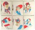 S&eacute;rie compl&egrave;te de 6 cartes de voeux d&eacute;pliantes illustr&eacute;es de portraits de femmes chapeaut&eacute;es.. CHAPEAUX.