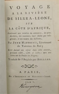 Voyage à la rivière de Sierra-Leone, sur la côte d'Afrique, Contenant une relation du commerce, des productions, des coutumes, tant civiles que religieuses, et des mœurs des habitans… Écrit du son séjour dans cette contrée, pendant 1785, 1786 et 1787 ; avec une lettre sur la Traite des Nègres : Traduit de l'Anglais par Bellart