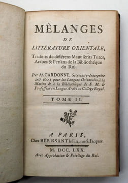 Mélanges de littérature orientale, traduits de différents manuscrits Turc, Arabes et Persans de la Bibliothèque du Roi. CARDONNE, Denis Dominique