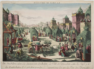 «Die Stadt Jerusalem, wie darinen von den Juden das Laubhütten Fest gehalten worden. - La Ville de Jerusalem, come les Juifs y tenoient tous les ans la Fete des Tabernacles»
