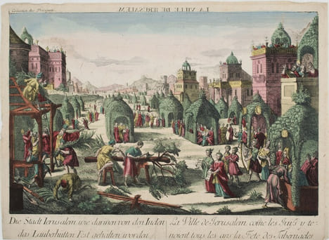 «Die Stadt Jerusalem, wie darinen von den Juden das Laubhütten Fest gehalten worden. - La Ville de Jerusalem, come les Juifs y tenoient tous les ans ...