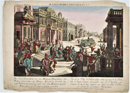 Vuë de la Ville de Hierusalem, comme au jour de la Pentecôte le Saint Esprit descendit sur les Apotres en Langue de feu et leur infusa ses dons, et comme St. Pierre Apôtre fit sa première prédication, Die Stadt Ierusalem, wie am Heiligen Pfingsttage, der Heilige Geist uber di Heilige Apostel, in Gestalt feuriger Flammen ausgegossen und von dem Heiligen Apostel Petro die erste Predigt gehalten worden