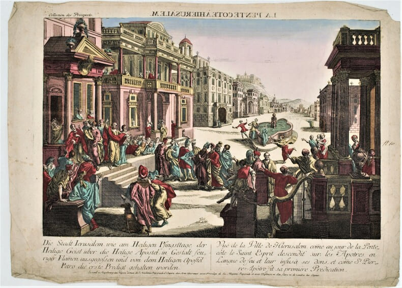 Vu&euml; de la Ville de Hierusalem, comme au jour de la Pentec&ocirc;te le Saint Esprit descendit sur les Apotres en Langue de feu et leur infusa ses dons, et ...