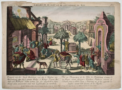 Vuë ou perspective de la Ville de Bethlehem Comme les 3 Rois Mages, savoir Gaspar, Melchior, Baltasar vinrent de l'Orient, pour y adorer Jesus Nouveau né, et lui apporte les presens, savoir : l'Or, l'Encens, et la Myrrhe , collection des prospects
