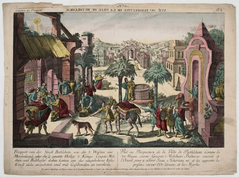 Vuë ou perspective de la Ville de Bethlehem Comme les 3 Rois Mages, savoir Gaspar, Melchior, Baltasar vinrent de l'Orient, pour y adorer Jesus Nouveau ...