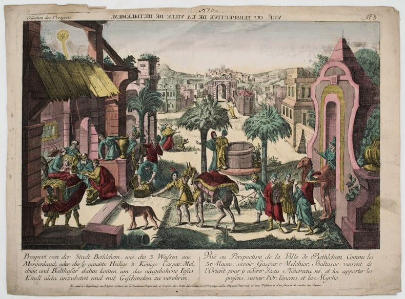 Vu&euml; ou perspective de la Ville de Bethlehem Comme les 3 Rois Mages, savoir Gaspar, Melchior, Baltasar vinrent de l'Orient, pour y adorer Jesus Nouveau ...