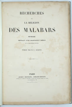 Recherches sur la religion des Malabars: ouvrage extrait d'un manuscrit inédit de la Bibliothèque royale. . JACQUET , Eugène
