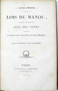 Lois de Manou, Publié en Sanscrit, avec des notes contenant un choix de variantes et de Scholies par A. Deslongchamps
