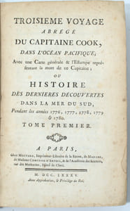 Troisième voyage abrégé, dans l’océan Pacifique ; ou Histoire des dernières découvertes dans la Mer du Sud, pendant les années 1776, 1777, 1778, 1779 & 1780. 

