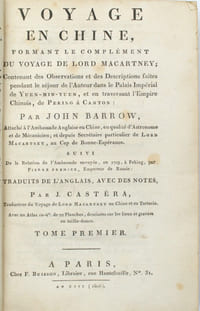 Voyage en Chine, formant le complément du voyage de Lord Macartney; contenant des Observations et des Descriptions faites pendant le séjour de l'Auteur dans le Palais Impérial de Yuen-Min-Yuen, et en traversant l'Empire Chinois, de Peking à Canton. Suivi de la Relation de l'Ambassade envoyée, en 1719, à Peking, par Pierre Premier, Empereur de Russie. Traduits de l'anglais, avec des notes, par J. Castéra.