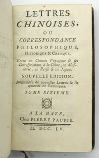 Lettres chinoises, ou correspondance philosophique, historique & critique, entre un Chinois Voyageur & ses correspondants à la Chine, en Perse & au Japon. Nouvelle édition augmentée de nouvelles lettres & de quantité de remarques, suivi de Songes philosophiques, par l'auteur des lettres juives.
