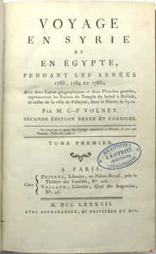 Voyage en Syrie et en Égypte, pendant les années 1783, 84 et 85.
. VOLNEY , Constantin-François de)
