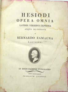 Hesiodi opera omnia (graece) latinis versibus expressa atque illustrata a Bernado Zamagna
