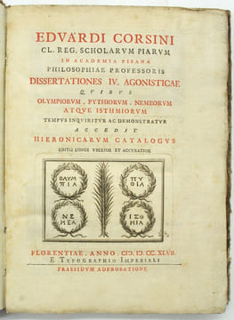 Dissertationes Quatruor Agonisticae Quibus Olympiorum, Pythiorum, Nemeorum atque – 
. CORSINI, Édouard
