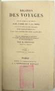 Relation des voyages faits par les Arabes et les Persans dans l'Inde et à la Chine dans le IXe siècle de l'ère chrétienne, texte arabe imprimé en 1811 par les soins de feu Langlès, avec des corrections et des additions et accompagné d’une traduction française et d’éclaircissements par M. Reinaud, membre de l’institut. par REINAUD (Joseph Toussaint, traducteur), Abu Zayd AL-HASAN al-SIRAFI, Sulayman al-Tajir
 - Image 3
