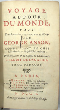 Voyage autour du monde, fait dans les années 1740, 41, 42, 43 & 44. Par George Anson …., Tome 1 seul.