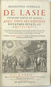 Le Monde ou Description générale de ses quatre Parties avec tout ses Empires, Royaumes, Estats et Republiques… Composés par Pierre d’Avity …. Comprenant Le Discours universel…, La Description générale de l’Asie, Premiere partie du monde…, la Description générale de l'Afrique, seconde partie du monde …, Description générale de l’Amérique, troisième partie du monde…. & Description generale de l’Europe, quatriesme partie du monde, avec tous ses empires, royaumes estats, et republiques (…), 1ère, 2ème et 3ème partie