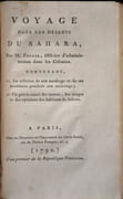 Voyages et Découvertes dans l'intérieur de l'Afrique […]. & Voyage dans les déserts du Sahara […] contenant, 1° La relation de son naufrage et de ses aventures pendant son esclavage ; 2° Un précis exact des mœurs, des usages et des opinions des habitans du Sahara.
 par HOUGHTON (Major) et PARK (Mungo). FOLLIÉ (Louis-Guillaume).
 - Image 6