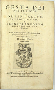 Orientalis Historiae Tomus Primus. Gesta dei Per Francos, Siue Orientalum Expeditionum, Et Regni Francorum Hierosolimitani […]. Orientalis Historiae Tomus Secundus. Liber Sectorum Fideliumcurcis. Super Terrae Sanctae recuperatione et conservations. Quo et Terrae Sanctae Historia ab Origine & Eiusdem vicinarumque Prouineiarum Geographica descriptio continetur. Cuius Auctor Marinus Sanutus dictus Torsellus Patricius Venetus. 
