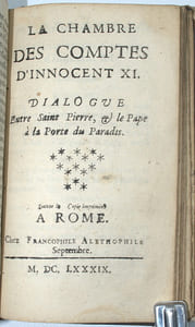Le Cibisme. Premier dialogue entre Pasquin & Marforio sur les Affaires du temps suivi Le songe de Pasquin, ou le Bal de l'Europe, Second dialogue.... Suivi de Le couronnement de Guillemot et de Guillemette. Troisième dialogue... Suivi de Le festin de Guillemot. Quatrieme dialogue... Suivi de La chambre des comptes d’Innocent XI, dialogue entre Saint Pierre et le Pape…
