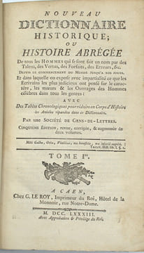 Nouveau dictionnaire Historique, Ou Histoire abrégée de tous les Hommes qui se sont fait un Nom par le Génie, les Talents, les Vertus, les Erreurs ...
