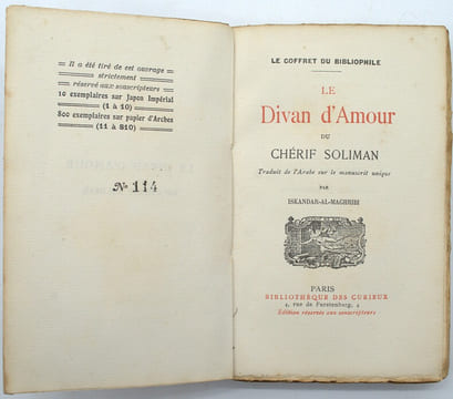 Le Divan d'amour du Chérif Soliman. Traduit de l'arabe sur le manuscrit unique par Iskandar-Al-Maghribi.
. AL-MAGHRIBI (Iskandar)