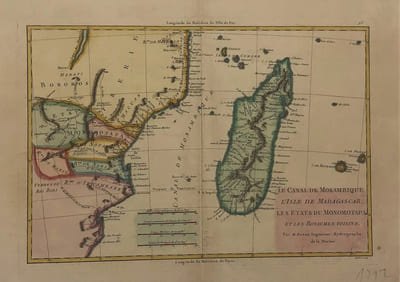 Carte du canal du Mosambique contenant l’isle de Madagascar,les Etats du Monomotapa et les Royaumes voisins par M.Bonne , ingénieur-Hydrographe de la marine
