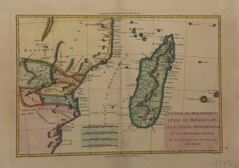 Carte du canal du Mosambique contenant l’isle de Madagascar,les Etats du Monomotapa et les Royaumes voisins par M.Bonne , ingénieur-Hydrographe de la ...
