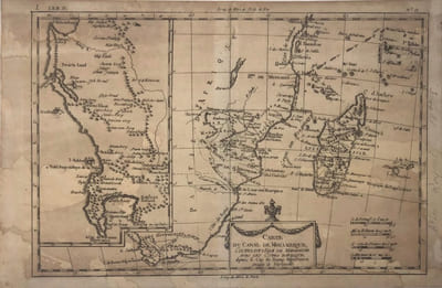 Carte du canal de Mosambique contenant l'isle de Madagascar avec les cotes d'Afrique depuis le Cap de Bonne Esperance jusqu'a Melinde 