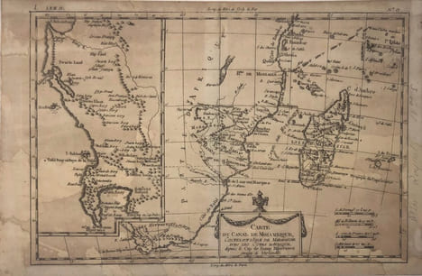 Carte du canal de Mosambique contenant l'isle de Madagascar avec les cotes d'Afrique depuis le Cap de Bonne Esperance jusqu'a Melinde . BONNE