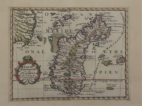 Isle de Madagascar ou de St. Laurens Tirée de Sanut par Nicolas Sanson d’Abbeville, géographe ordinaire du Roy. SANSON D'ABBEVILLE Nicolas