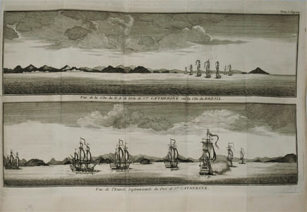 Voyage autour du monde, fait dans les années 1740, 41, 42, 43, 44. Par George Anson, présentement Lord Anson, Commandant en Chef d'une Escadre envoyée par sa Majesté Britannique dans la Mer du Sud. Tiré des Journaux & autres Papiers de ce Seigneur, & publié par Richard Walter, Maitre es art & chapelain du centurion dans cette expédition.Orné de cartes et de figures en taille douce. Traduit de l'Anglois. A Geneve,chez Barillot et fils,1750. Suivi de : Voyage à la mer du sud, fait par quelques Officiers commandants le Vaisseau le Wager. Pour servir de suite au Voyage de Georges Anson. Traduit de l'anglois. Lyon chez les frères Duplain. 1756.