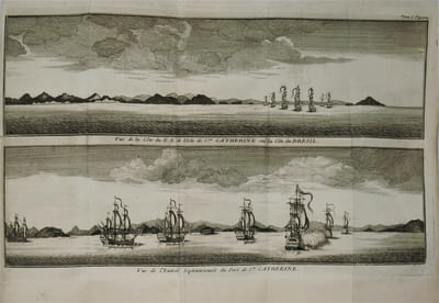 Voyage autour du monde, fait dans les années 1740, 41, 42, 43, 44. Par George Anson, présentement Lord Anson, Commandant en Chef d'une Escadre envoyée par sa Majesté Britannique dans la Mer du Sud. Tiré des Journaux & autres Papiers de ce Seigneur, & publié par Richard Walter, Maitre es art & chapelain du centurion dans cette expédition.Orné de cartes et de figures en taille douce. Traduit de l'Anglois. A Geneve,chez Barillot et fils,1750. Suivi de : Voyage à la mer du sud, fait par quelques Officiers commandants le Vaisseau le Wager. Pour servir de suite au Voyage de Georges Anson. Traduit de l'anglois. Lyon chez les frères Duplain. 1756.